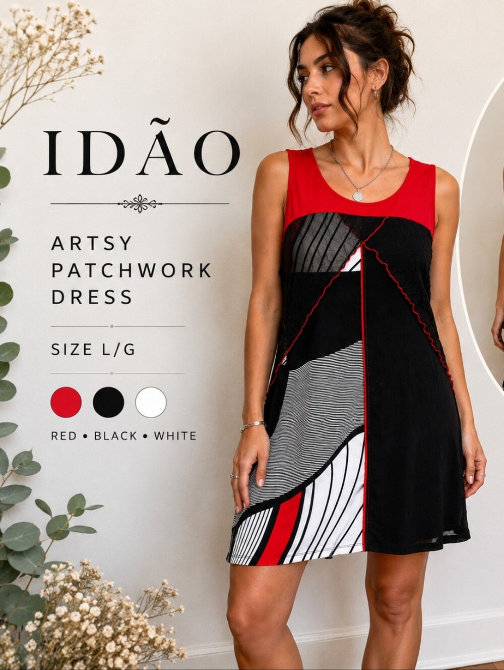 IDÃO Artsy Abstract Patchwork Mesh Dress Red Black White Size L